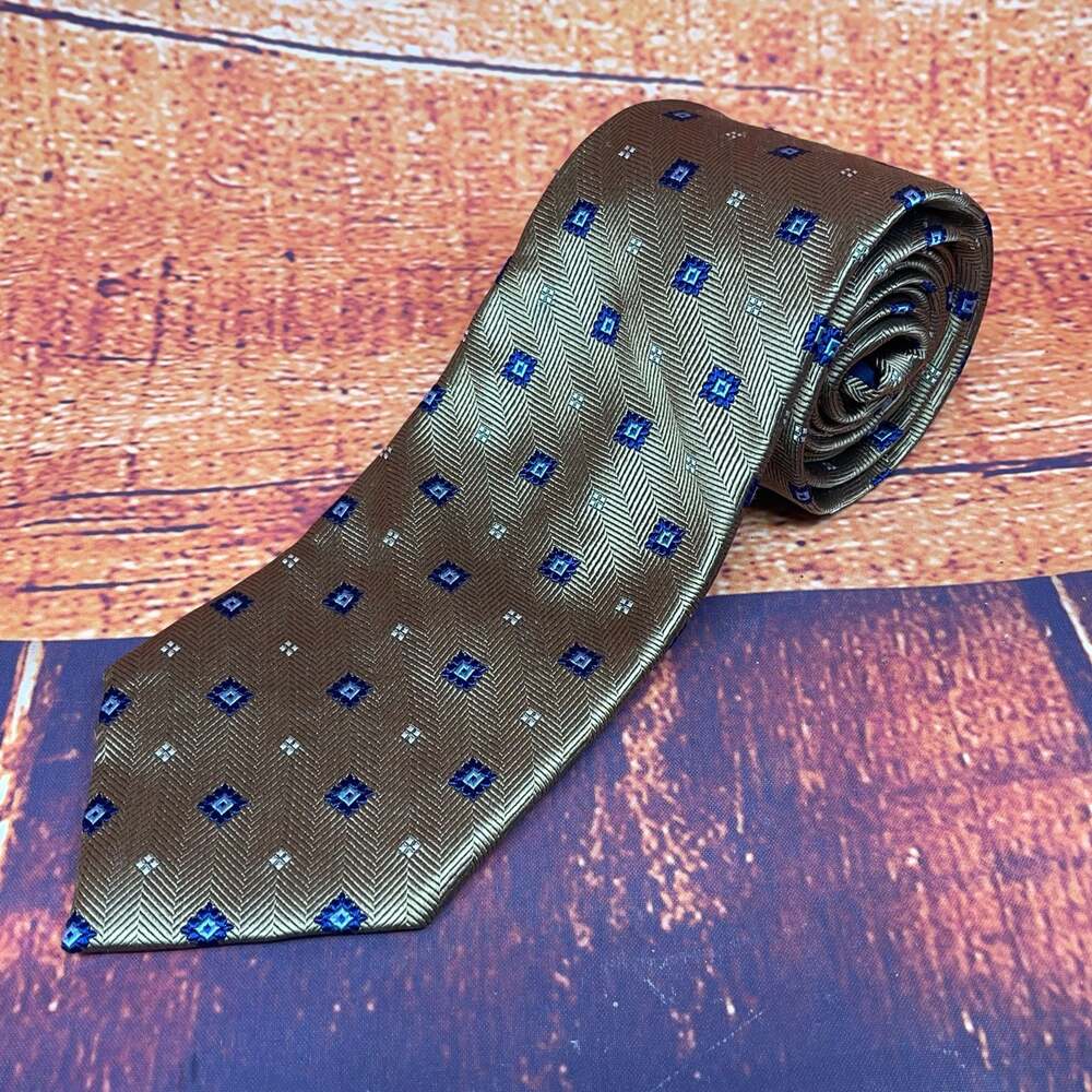 Chaps Silk Necktie Gold Brown Blue Geometric Diamond Chevron Pattern